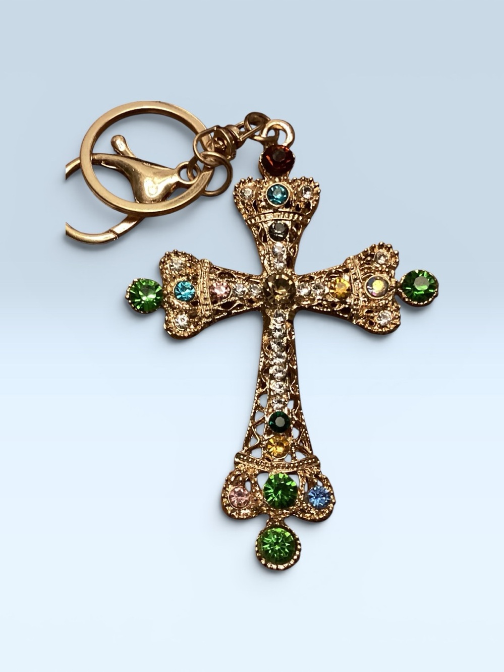 Multicolor Rhinestone Cross Keychain or Bag Charm- Gold Tone - Picture 2 of 4